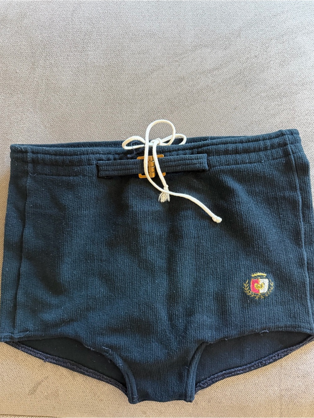 Vintage 1940s Black Wool Men's Swim Trunks with Drawstring and Crest